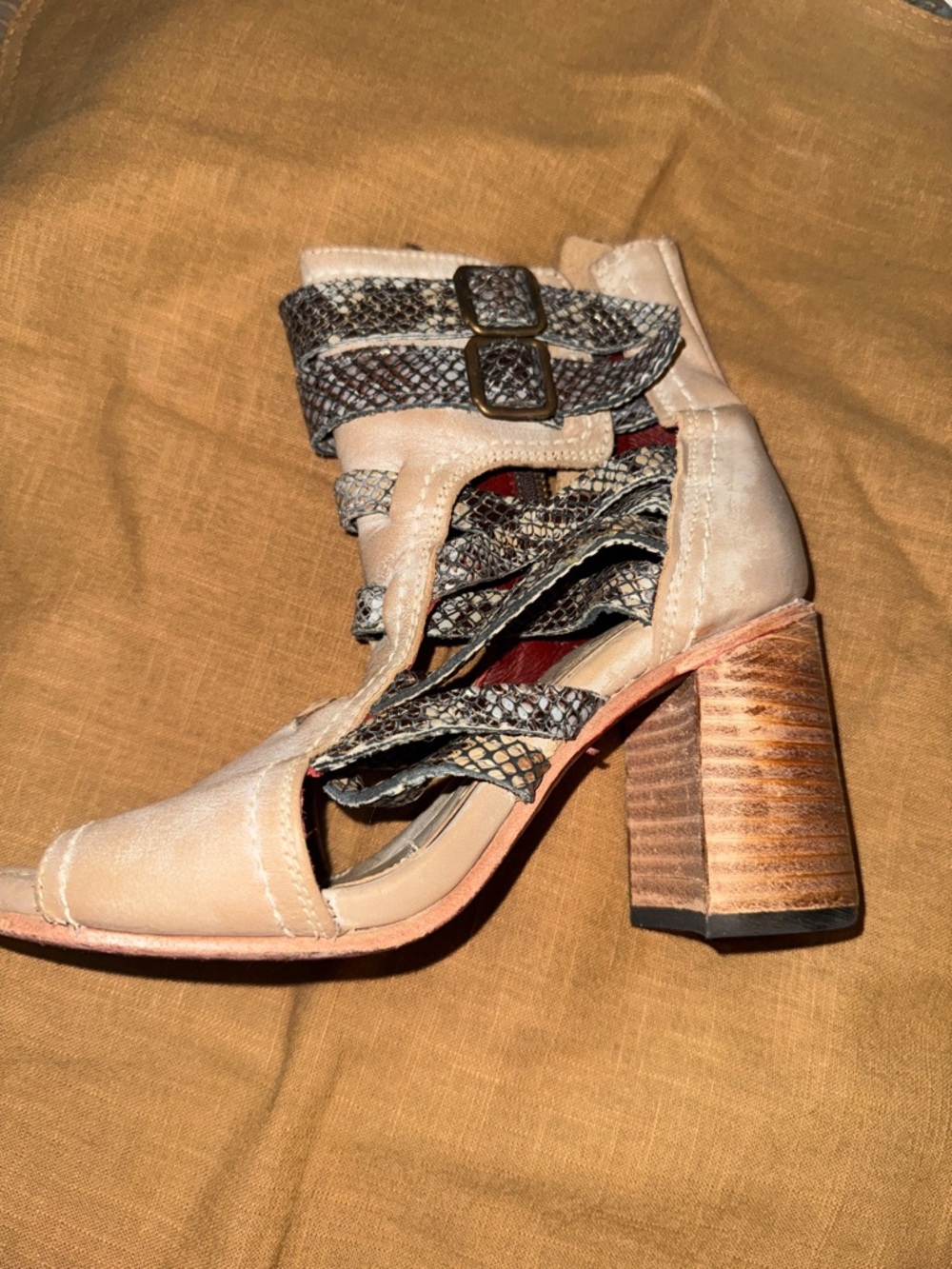 Freebird by Steven Beige Cutout Heeled Boot with Snake-Print Straps